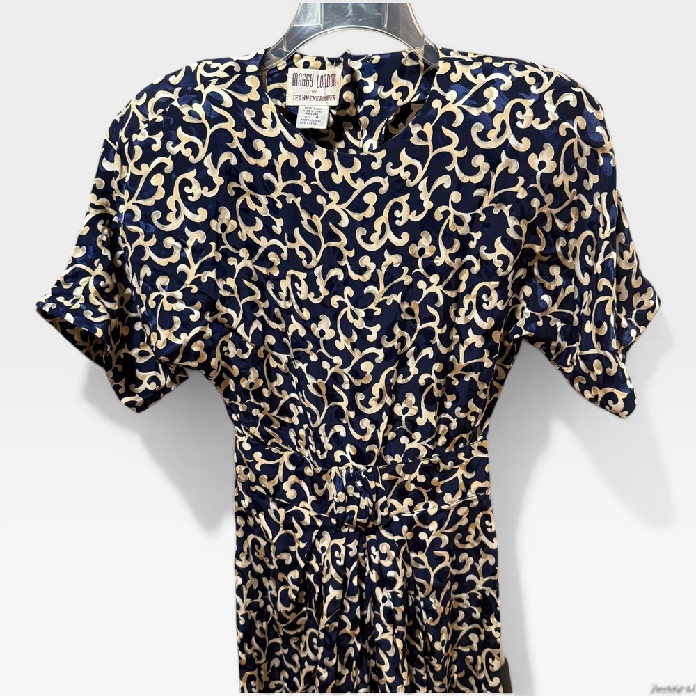 Maggy London Dress Womens 4 Navy Gold Vintage Silk Jacquard Excellent Floral 80s - Picture 3 of 6